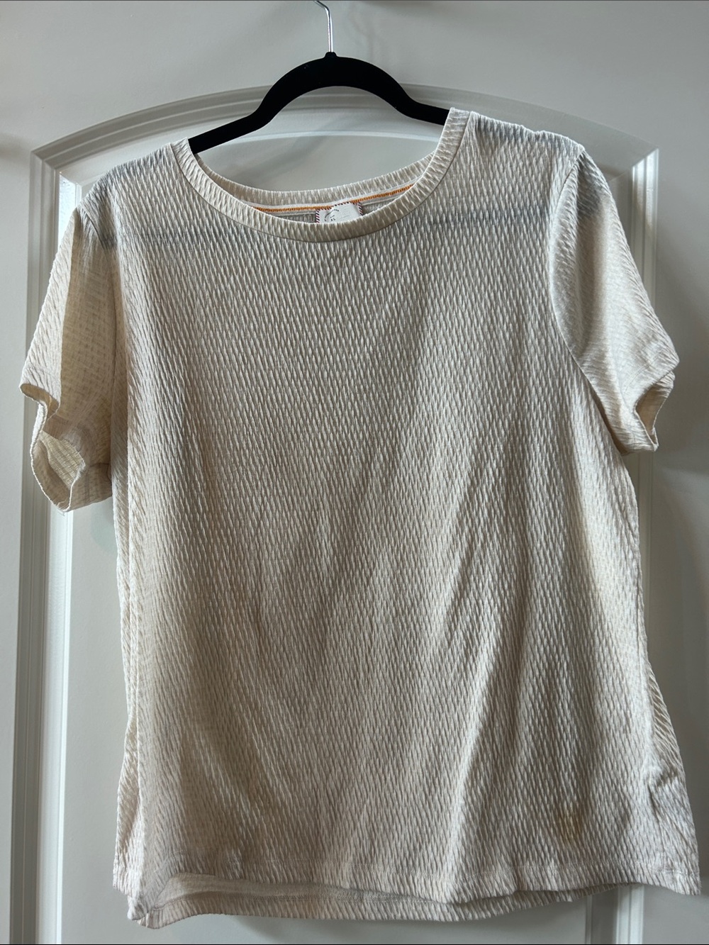 Anthropologie Cream Textured Short-Sleeve Crewneck Top
